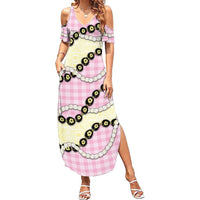 Pink Palaka Hawaii Summer Maxi Dress Kukui Nut Pikake Lei Hawaiian Tapa Pattern - Polynesian Pride