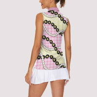 Pink Palaka Hawaii Women Sleeveless Polo Shirt Kukui Nut Pikake Lei Hawaiian Tapa Pattern - Polynesian Pride