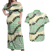 Green Palaka Hawaii Couples Matching Off Shoulder Maxi Dress and Hawaiian Shirt Kukui Nut Pikake Lei Hawaiian Tapa Pattern LT14 Green - Polynesian Pride