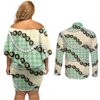 Green Palaka Hawaii Couples Matching Off Shoulder Short Dress and Long Sleeve Button Shirt Kukui Nut Pikake Lei Hawaiian Tapa Pattern LT14 - Polynesian Pride
