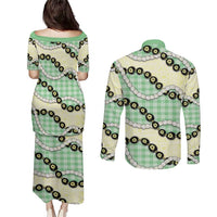Green Palaka Hawaii Couples Matching Puletasi and Long Sleeve Button Shirt Kukui Nut Pikake Lei Hawaiian Tapa Pattern - Polynesian Pride