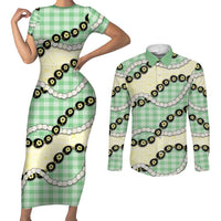 Green Palaka Hawaii Couples Matching Short Sleeve Bodycon Dress and Long Sleeve Button Shirt Kukui Nut Pikake Lei Hawaiian Tapa Pattern LT14 Green - Polynesian Pride
