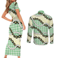 Green Palaka Hawaii Couples Matching Short Sleeve Bodycon Dress and Long Sleeve Button Shirt Kukui Nut Pikake Lei Hawaiian Tapa Pattern LT14 - Polynesian Pride