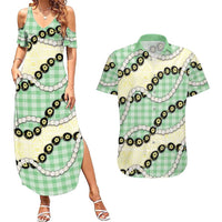 Green Palaka Hawaii Couples Matching Summer Maxi Dress and Hawaiian Shirt Kukui Nut Pikake Lei Hawaiian Tapa Pattern LT14 Green - Polynesian Pride