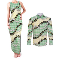 Green Palaka Hawaii Couples Matching Tank Maxi Dress and Long Sleeve Button Shirt Kukui Nut Pikake Lei Hawaiian Tapa Pattern LT14 Green - Polynesian Pride