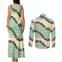 Green Palaka Hawaii Couples Matching Tank Maxi Dress and Long Sleeve Button Shirt Kukui Nut Pikake Lei Hawaiian Tapa Pattern LT14 - Polynesian Pride