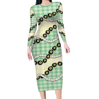 Green Palaka Hawaii Family Matching Long Sleeve Bodycon Dress and Hawaiian Shirt Kukui Nut Pikake Lei Hawaiian Tapa Pattern LT14 Mom's Dress Green - Polynesian Pride