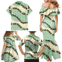 Green Palaka Hawaii Family Matching Mermaid Dress and Hawaiian Shirt Kukui Nut Pikake Lei Hawaiian Tapa Pattern LT14 - Polynesian Pride
