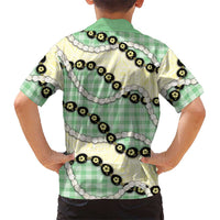 Green Palaka Hawaii Family Matching Off The Shoulder Long Sleeve Dress and Hawaiian Shirt Kukui Nut Pikake Lei Hawaiian Tapa Pattern LT14 - Polynesian Pride