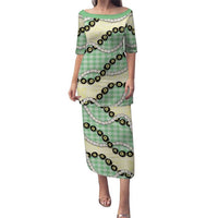 Green Palaka Hawaii Family Matching Puletasi and Hawaiian Shirt Kukui Nut Pikake Lei Hawaiian Tapa Pattern LT14 Mom's Dress Green - Polynesian Pride
