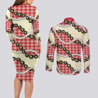 Red Palaka Hawaii Couples Matching Long Sleeve Bodycon Dress and Long Sleeve Button Shirt Kukui Nut Pikake Lei Hawaiian Tapa Pattern LT14 - Polynesian Pride
