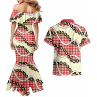 Red Palaka Hawaii Couples Matching Mermaid Dress and Hawaiian Shirt Kukui Nut Pikake Lei Hawaiian Tapa Pattern LT14 - Polynesian Pride