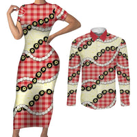 Red Palaka Hawaii Couples Matching Short Sleeve Bodycon Dress and Long Sleeve Button Shirt Kukui Nut Pikake Lei Hawaiian Tapa Pattern LT14 Red - Polynesian Pride