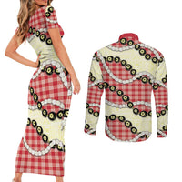 Red Palaka Hawaii Couples Matching Short Sleeve Bodycon Dress and Long Sleeve Button Shirt Kukui Nut Pikake Lei Hawaiian Tapa Pattern LT14 - Polynesian Pride