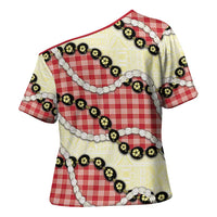 Red Palaka Hawaii Cross Shoulder Shirt Kukui Nut Pikake Lei Hawaiian Tapa Pattern - Polynesian Pride