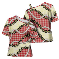 Red Palaka Hawaii Cross Shoulder Shirt Kukui Nut Pikake Lei Hawaiian Tapa Pattern - Polynesian Pride