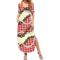 Red Palaka Hawaii Family Matching Summer Maxi Dress and Hawaiian Shirt Kukui Nut Pikake Lei Hawaiian Tapa Pattern LT14 Mom's Dress Red - Polynesian Pride