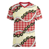 Red Palaka Hawaii Women V-Neck T-Shirt Kukui Nut Pikake Lei Hawaiian Tapa Pattern - Polynesian Pride