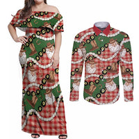 Cowboy Hawaii Mele Kalikimaka Couples Matching Off Shoulder Maxi Dress and Long Sleeve Button Shirt Paniolo Kukui Nut Pikake Lei Red Version LT14 Red - Polynesian Pride