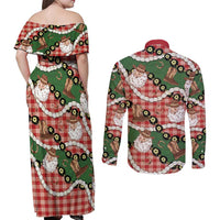 Cowboy Hawaii Mele Kalikimaka Couples Matching Off Shoulder Maxi Dress and Long Sleeve Button Shirt Paniolo Kukui Nut Pikake Lei Red Version LT14 - Polynesian Pride