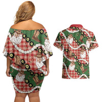 Cowboy Hawaii Mele Kalikimaka Couples Matching Off Shoulder Short Dress and Hawaiian Shirt Paniolo Kukui Nut Pikake Lei Red Version LT14 - Polynesian Pride