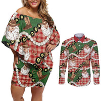 Cowboy Hawaii Mele Kalikimaka Couples Matching Off Shoulder Short Dress and Long Sleeve Button Shirt Paniolo Kukui Nut Pikake Lei Red Version LT14 Red - Polynesian Pride