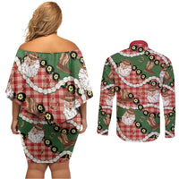 Cowboy Hawaii Mele Kalikimaka Couples Matching Off Shoulder Short Dress and Long Sleeve Button Shirt Paniolo Kukui Nut Pikake Lei Red Version LT14 - Polynesian Pride