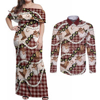 Cowboy Hawaii Mele Kalikimaka Couples Matching Off Shoulder Maxi Dress and Long Sleeve Button Shirt Paniolo Kukui Nut Pikake Lei Burgundy Version LT14 Burgundy - Polynesian Pride