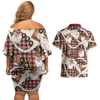 Cowboy Hawaii Mele Kalikimaka Couples Matching Off Shoulder Short Dress and Hawaiian Shirt Paniolo Kukui Nut Pikake Lei Burgundy Version LT14 - Polynesian Pride