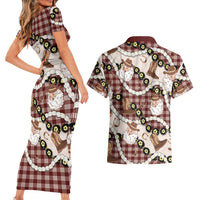 Cowboy Hawaii Mele Kalikimaka Couples Matching Short Sleeve Bodycon Dress and Hawaiian Shirt Paniolo Kukui Nut Pikake Lei Burgundy Version LT14 - Polynesian Pride