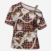 Cowboy Hawaii Mele Kalikimaka Cross Shoulder Shirt Paniolo Kukui Nut Pikake Lei Burgundy Version LT14 Female Burgundy - Polynesian Pride