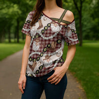 Cowboy Hawaii Mele Kalikimaka Cross Shoulder Shirt Paniolo Kukui Nut Pikake Lei Burgundy Version LT14 - Polynesian Pride