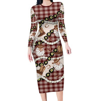 Cowboy Hawaii Mele Kalikimaka Long Sleeve Bodycon Dress Paniolo Kukui Nut Pikake Lei Burgundy Version LT14 Long Dress Burgundy - Polynesian Pride