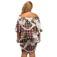 Cowboy Hawaii Mele Kalikimaka Off Shoulder Short Dress Paniolo Kukui Nut Pikake Lei Burgundy Version LT14 - Polynesian Pride