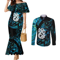 Manaia New Zealand Matariki Couples Matching Mermaid Dress and Long Sleeve Button Shirt NZ Paua Shell Maori Art LT14 Turquoise - Polynesian Pride