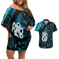Manaia New Zealand Matariki Couples Matching Off Shoulder Short Dress and Hawaiian Shirt NZ Paua Shell Maori Art LT14 Turquoise - Polynesian Pride