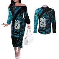 Manaia New Zealand Matariki Couples Matching Off The Shoulder Long Sleeve Dress and Long Sleeve Button Shirt NZ Paua Shell Maori Art LT14 Turquoise - Polynesian Pride