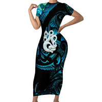Manaia New Zealand Matariki Short Sleeve Bodycon Dress NZ Paua Shell Maori Art LT14 Long Dress Turquoise - Polynesian Pride