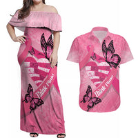 Polynesia Breast Cancer Awareness Month Couples Matching Off Shoulder Maxi Dress and Hawaiian Shirt Pink Ribbon Mix Butterflies LT14 Pink - Polynesian Pride