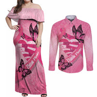 Polynesia Breast Cancer Awareness Month Couples Matching Off Shoulder Maxi Dress and Long Sleeve Button Shirt Pink Ribbon Mix Butterflies LT14 Pink - Polynesian Pride