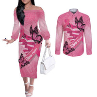 Polynesia Breast Cancer Awareness Month Couples Matching Off The Shoulder Long Sleeve Dress and Long Sleeve Button Shirt Pink Ribbon Mix Butterflies LT14 Pink - Polynesian Pride