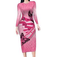 Polynesia Breast Cancer Awareness Month Family Matching Long Sleeve Bodycon Dress and Hawaiian Shirt Pink Ribbon Mix Butterflies LT14 Mom's Dress Pink - Polynesian Pride