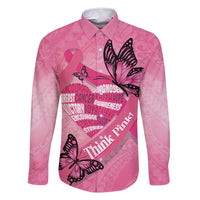 Polynesia Breast Cancer Awareness Month Family Matching Off Shoulder Short Dress and Hawaiian Shirt Pink Ribbon Mix Butterflies LT14 Dad's Shirt - Long Sleeve Pink - Polynesian Pride