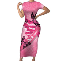 Polynesia Breast Cancer Awareness Month Short Sleeve Bodycon Dress Pink Ribbon Mix Butterflies LT14 Long Dress Pink - Polynesian Pride