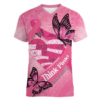 Polynesia Breast Cancer Awareness Month Women V-Neck T-Shirt Pink Ribbon Mix Butterflies LT14 Female Pink - Polynesian Pride