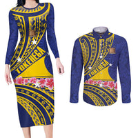 Personalised Tokelau Tokehega Day Couples Matching Long Sleeve Bodycon Dress and Long Sleeve Button Shirt Tokelauan Tatau Flag Color LT14 Blue - Polynesian Pride