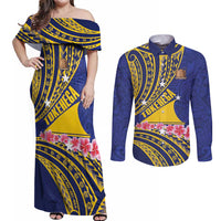 Personalised Tokelau Tokehega Day Couples Matching Off Shoulder Maxi Dress and Long Sleeve Button Shirt Tokelauan Tatau Flag Color LT14 Blue - Polynesian Pride