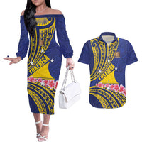 Personalised Tokelau Tokehega Day Couples Matching Off The Shoulder Long Sleeve Dress and Hawaiian Shirt Tokelauan Tatau Flag Color LT14 Blue - Polynesian Pride
