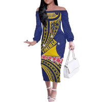 Personalised Tokelau Tokehega Day Family Matching Off The Shoulder Long Sleeve Dress and Hawaiian Shirt Tokelauan Tatau Flag Color LT14 Mom's Dress Blue - Polynesian Pride