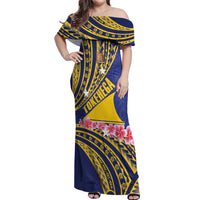 Personalised Tokelau Tokehega Day Off Shoulder Maxi Dress Tokelauan Tatau Flag Color LT14 Women Blue - Polynesian Pride